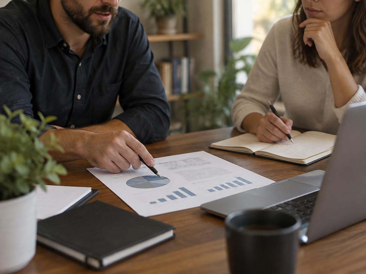 Two professionals reviewing a business plan with charts