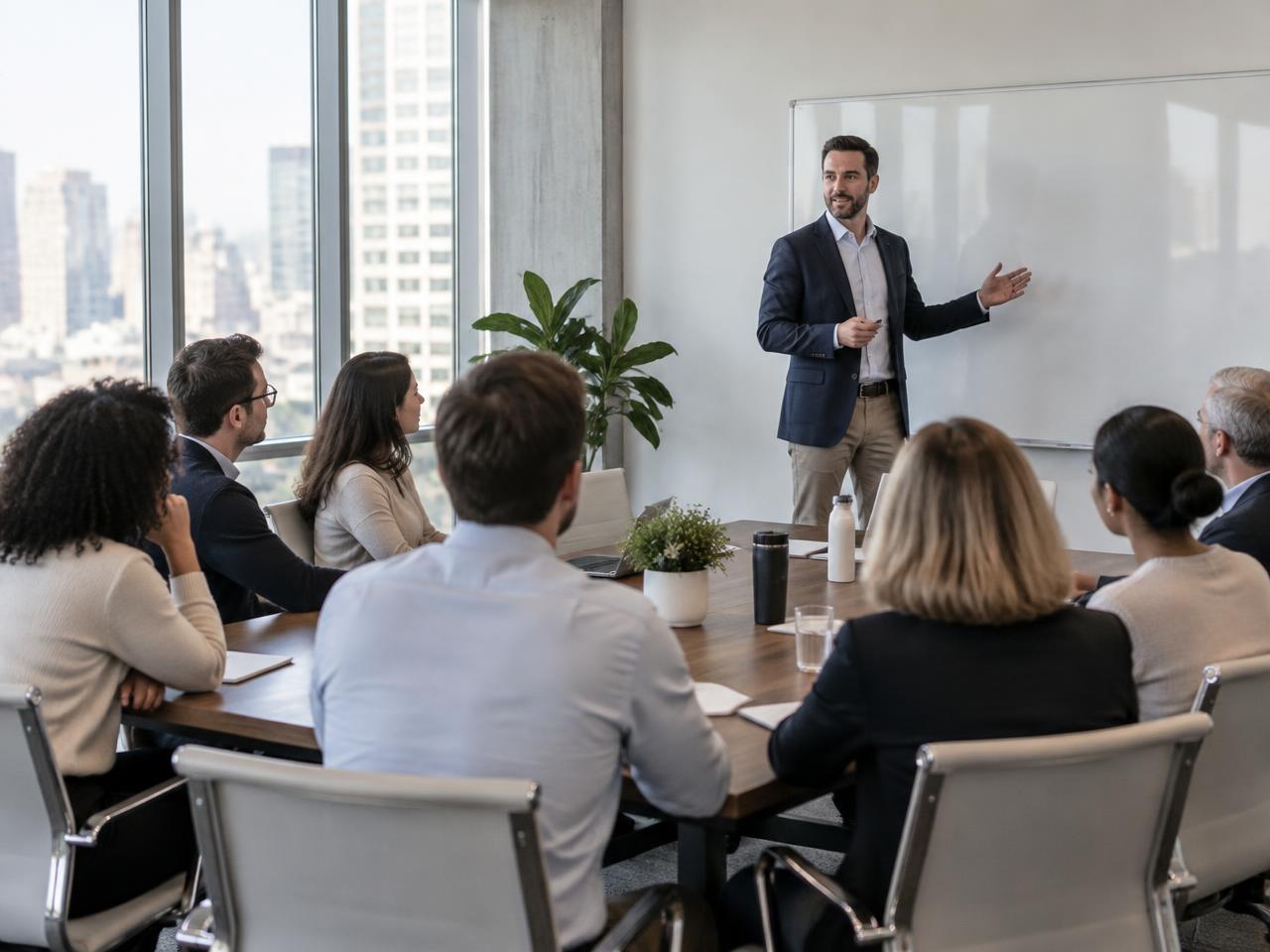 Group training workshop with professionals around a conference table